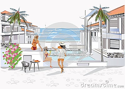 Series of relax summer backgrounds with fashion people, resort building views and seacoast. Vector Illustration